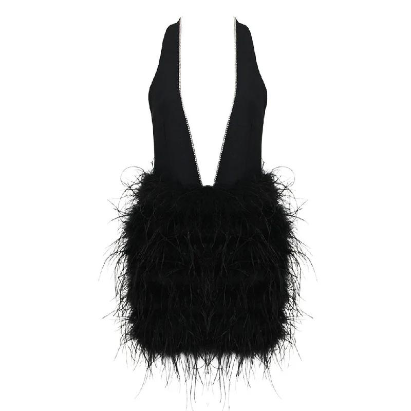 Women's Plus-Size Apparel Sparkly Rhinestone Plunge Halter Neck Backless Bandage Feather Mini Dress