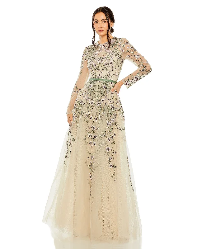 Vintage-Inspired Women's Apparel Mac Duggal 20580 Long Sleeve Formal A Line Evening Gown