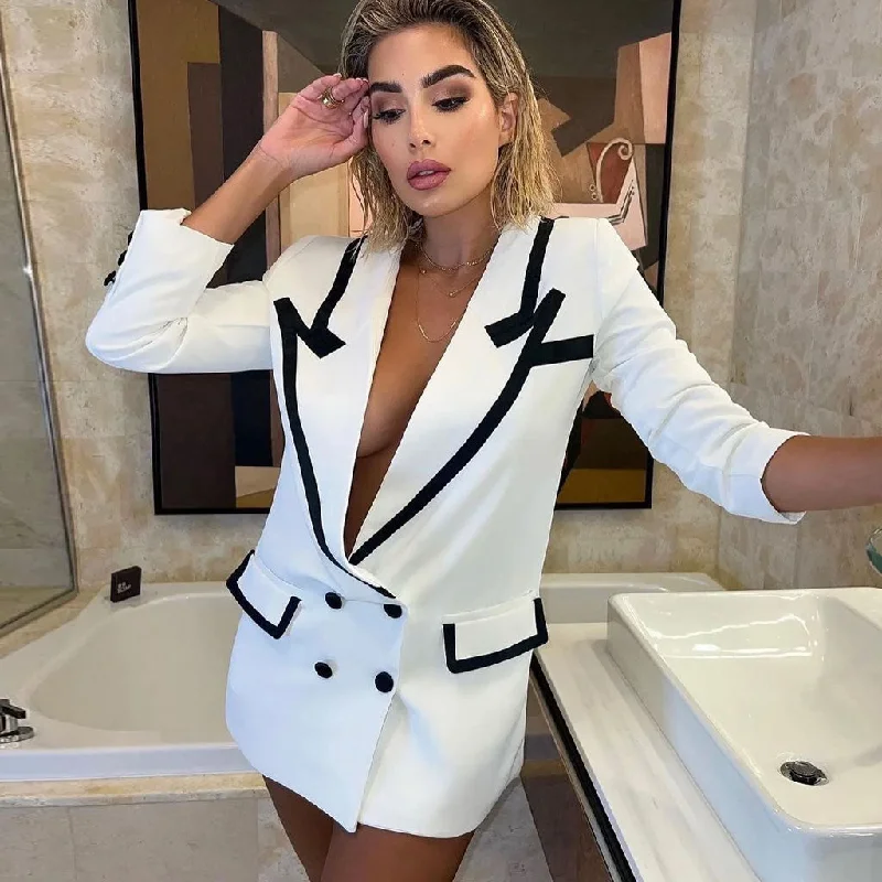 Women's Evening Apparel Contrast Peak Lapel Double Breasted Oversized Blazer Mini Dress - White