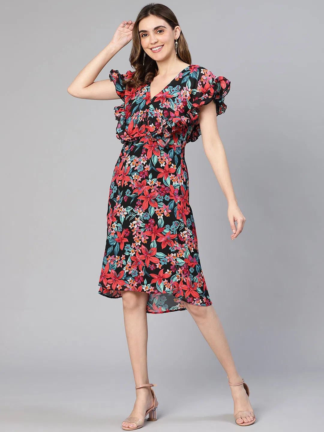 Women's Everyday Clothes Dark Shaded Multicolor Floral Print Frill Women Dress