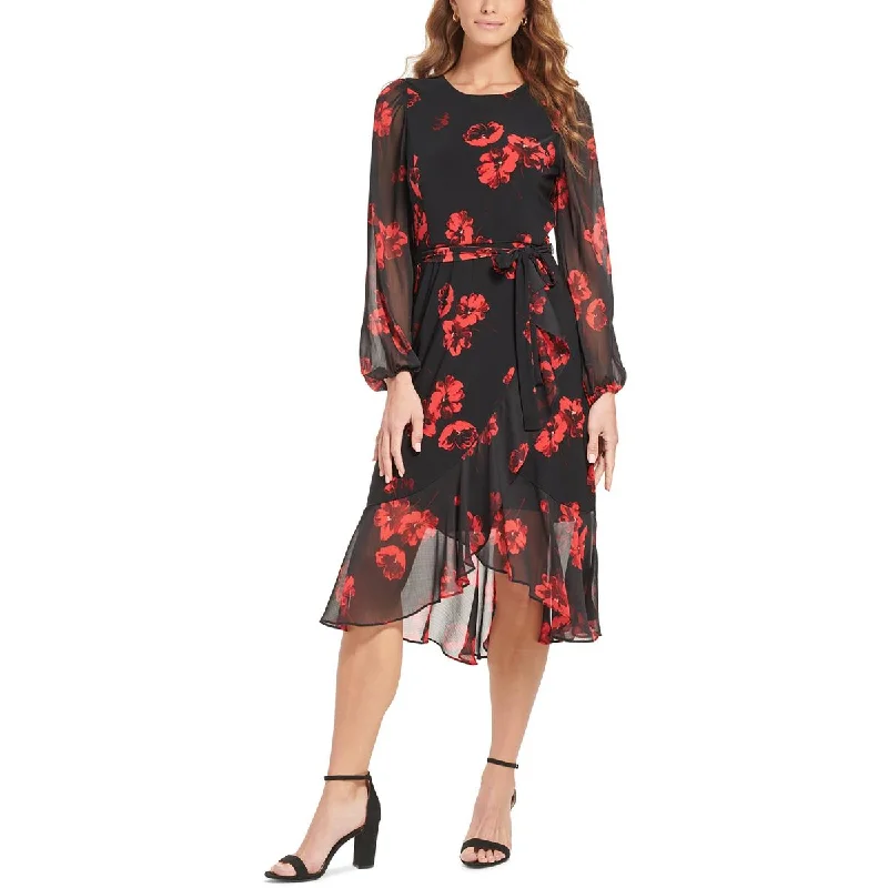 Women's Clothes For Work Tommy Hilfiger Womens Petites Floral Print Sheer Midi Dress