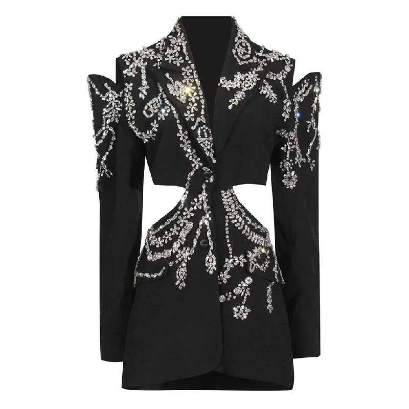 Comfortable Women's Clothing Opulent Crystal Embellished Lapel Cutout Long Sleeve Blazer Mini Dress