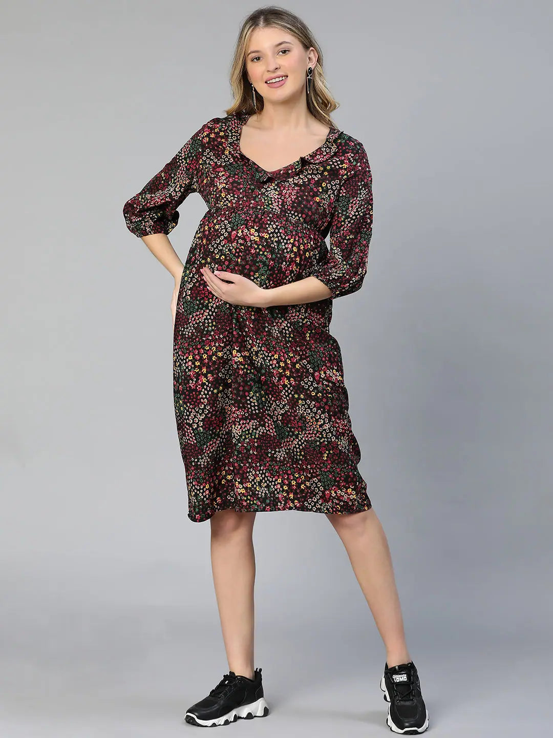 Women's Evening Wear Attire Women floral print v-neck ruffled elasticated multicolor maternity dress