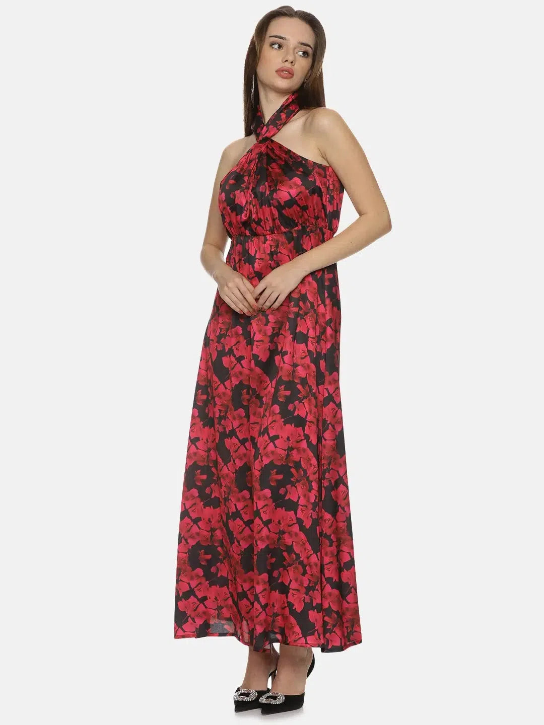 Women's Comfy Loungewear Outfit Floral Red Halter Maxi Dress-17298