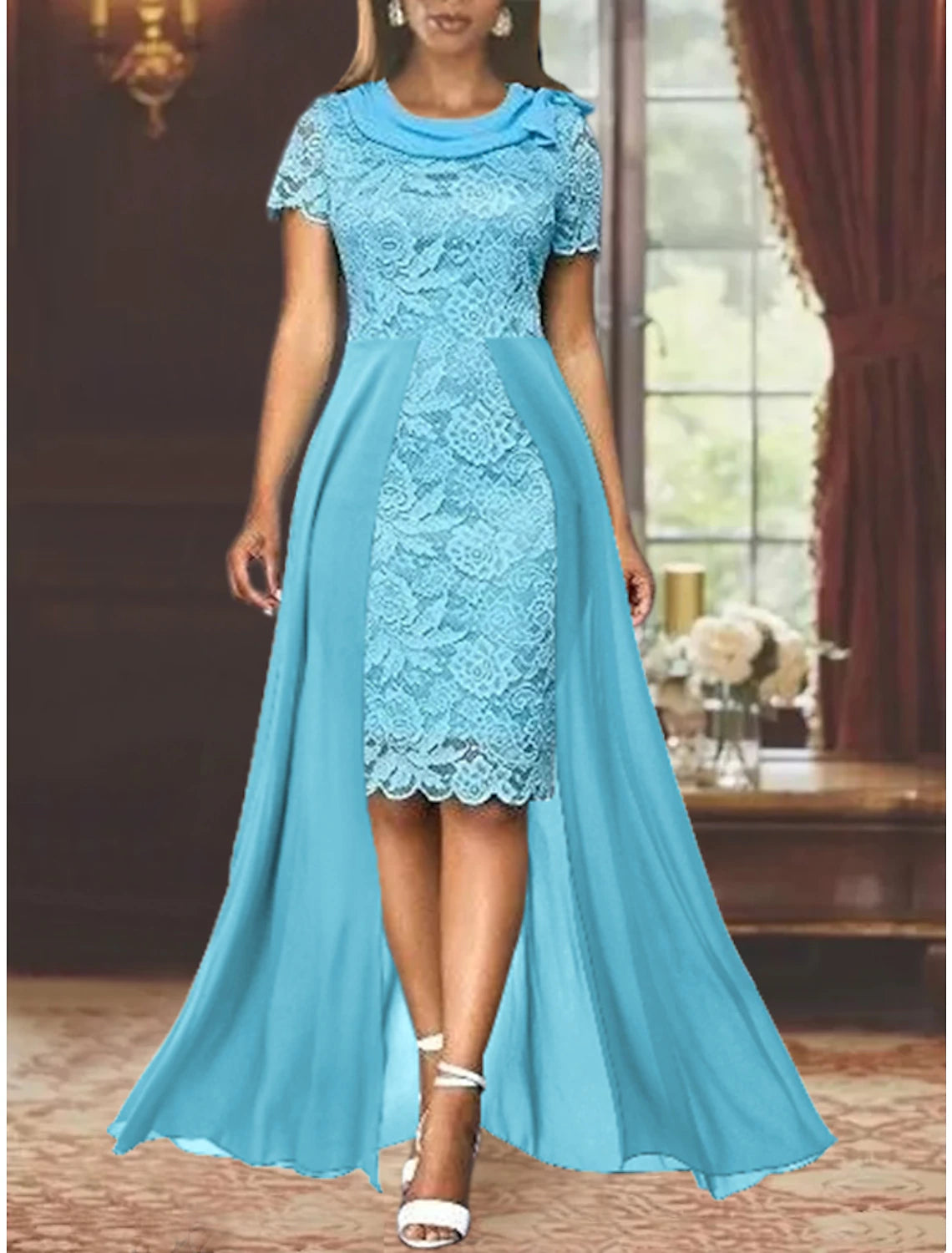 Affordable Women's Clothing Sheath / Column Mother of the Bride Dress Formal Wedding Guest Party Elegant Scoop Neck Knee Length Chiffon Lace Short Sleeve with Bow(s)