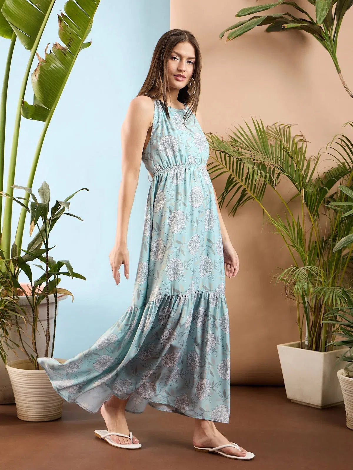 Women's Trendy Attire Women Blue Floral Back Less Maxi Dress