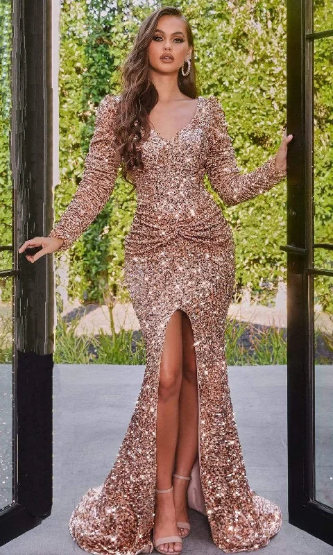 Women's Trendy Garments Portia and Scarlett - PS22024 Long Sleeve Full Sequin High Slit Gown