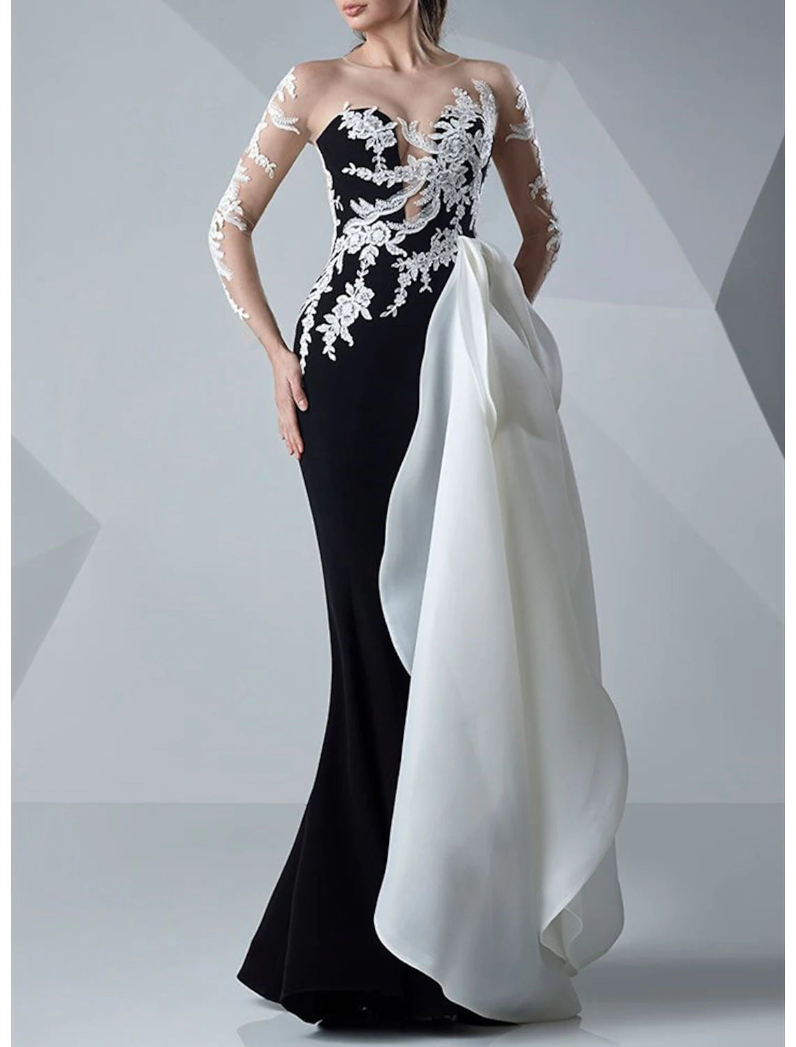 Women's Evening Wear Outfit Mermaid / Trumpet Evening Gown Color Block Dress Formal Wedding Guest Floor Length Long Sleeve Jewel Neck Satin with Appliques