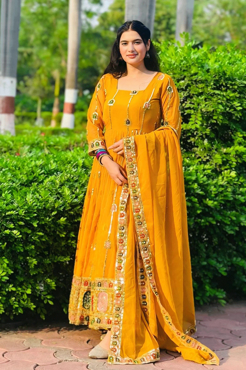 Women's Travel Apparel Traditional Yellow Anarkali Dress For Wedding