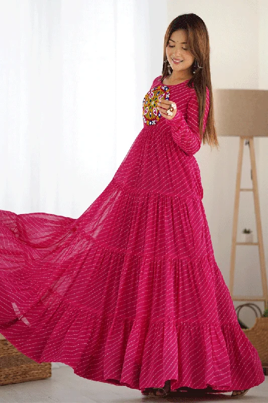 Women's Elegant Apparel Laheriya Print Rani Pink Colour Wedding Anarkali Gown