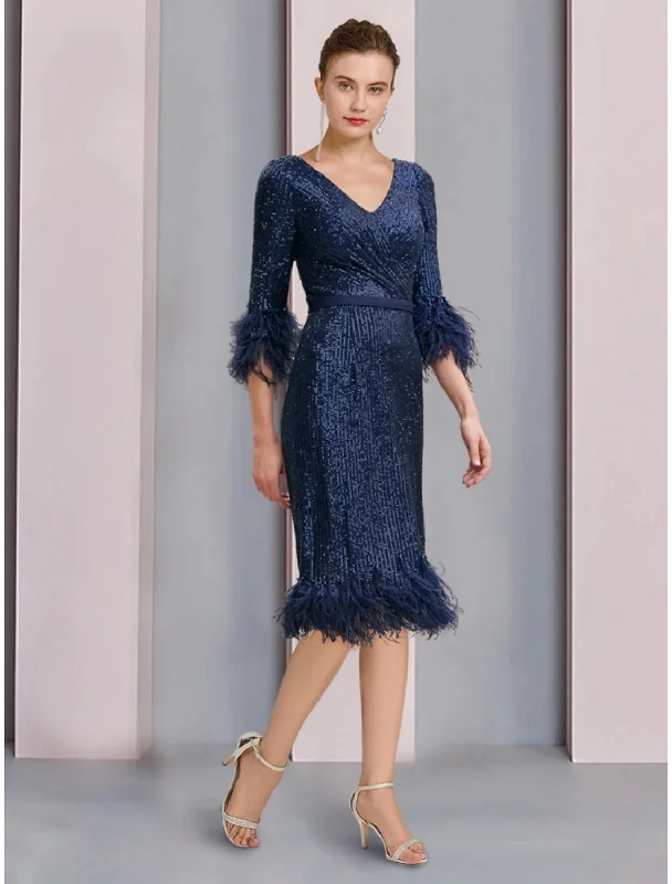 Classic Women's Clothing Styles A-Line Mother of the Bride Dress Wedding Guest Sparkle & Shine Petite V Neck Knee Length Sequined Half Sleeve with Feather Ruching Solid Color