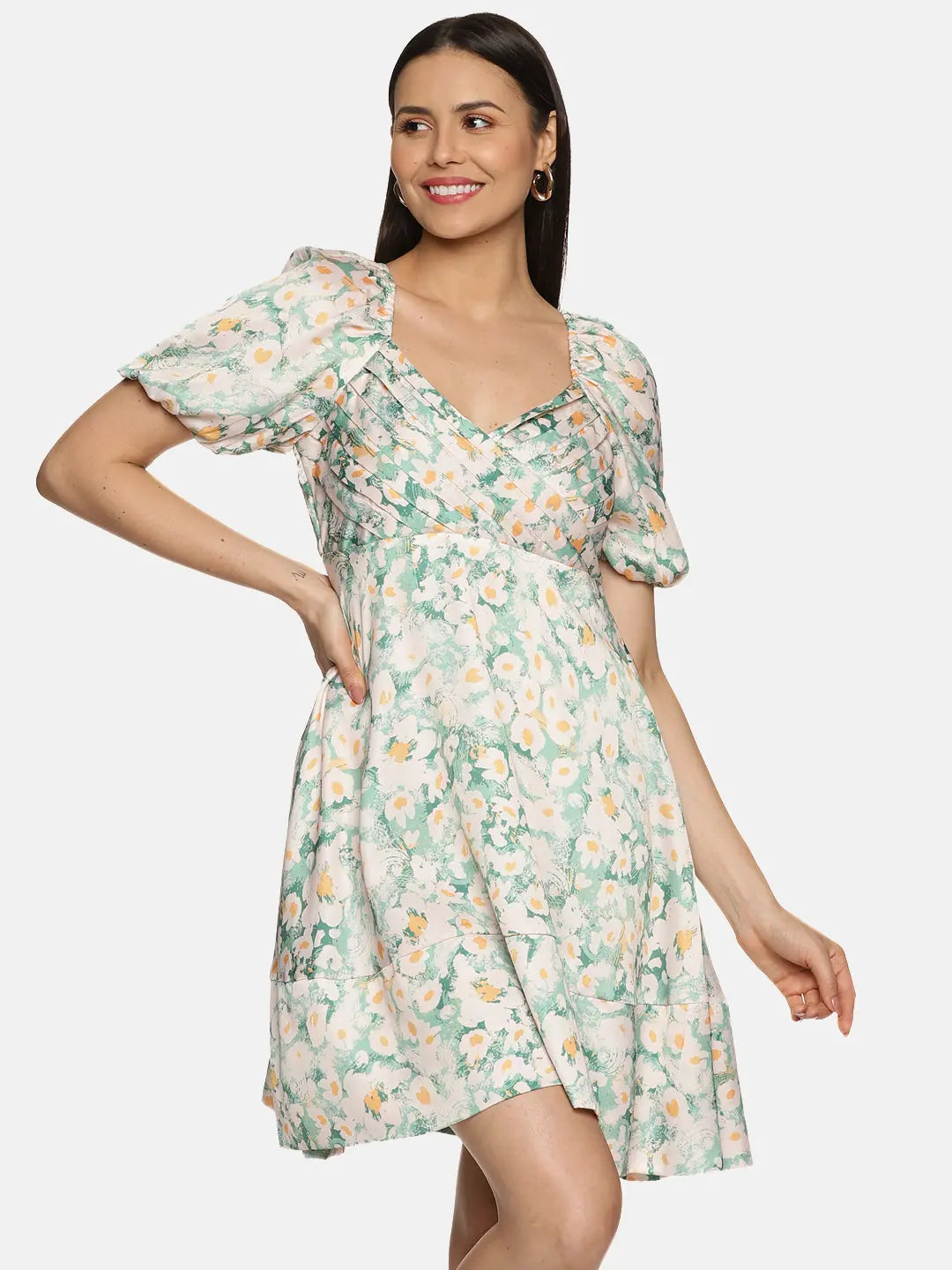 Women's Work Outfit For The Office Floral Green Empire Line Mini Dress