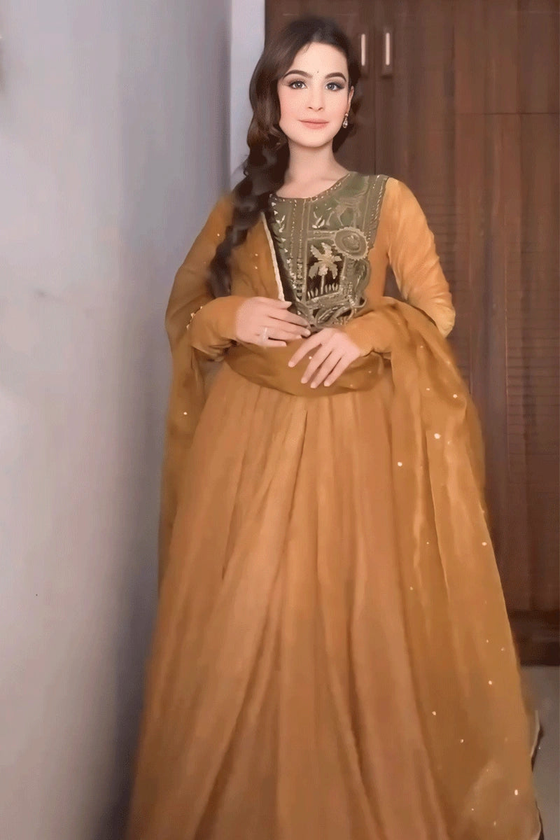 Women's Activewear Apparel Mustard Long Gown With Dupatta For Wedding Function