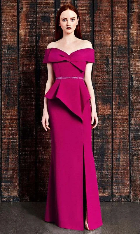 Women's Chic Outerwear Attire Alexander by Daymor Oversized Bow Accent Off Shoulder Long Gown 850 - 1 pc Cranberry in size 18 and 1 pc Midnite In Size 22 Available