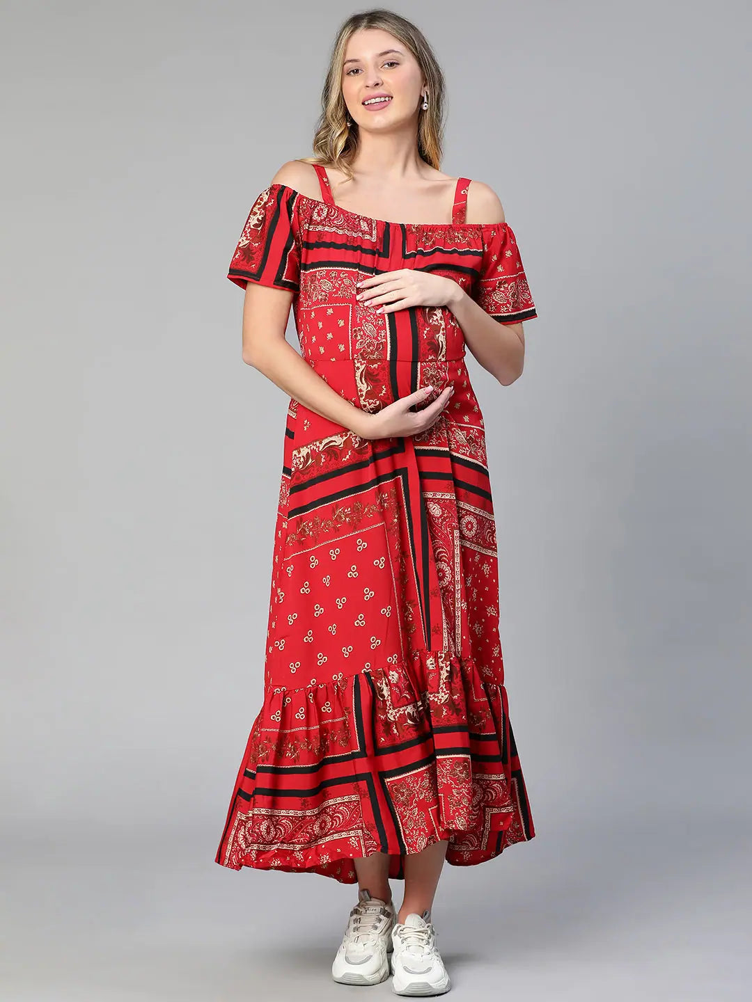 Women's Comfy Attire For Lounging Women floral print off -shoulder red maternity long dress