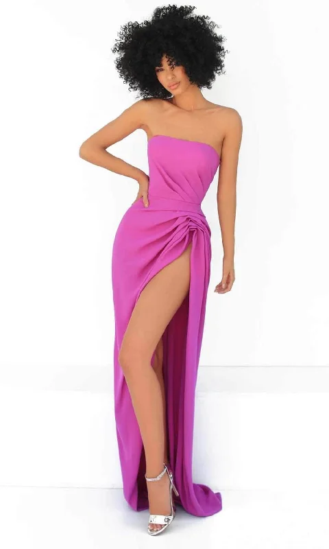 Comfortable Outfit For Women Tarik Ediz 51052 - Straight-Across High Slit Prom Gown