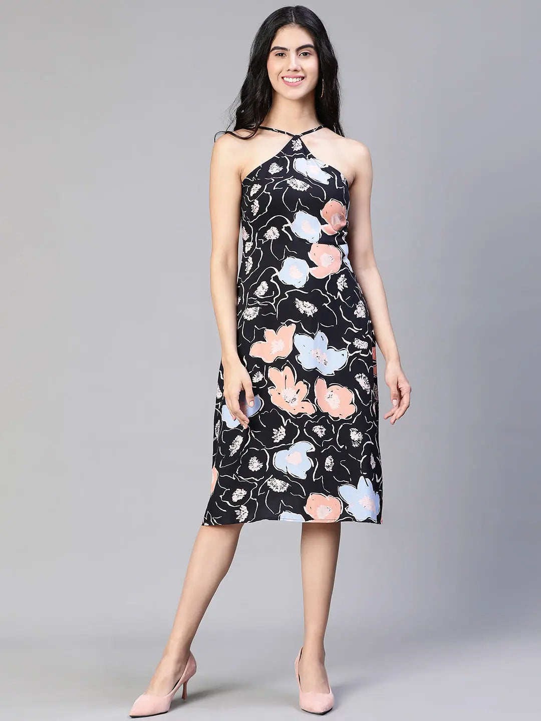 Women's Professional Attire Women black floral print body con strap dress