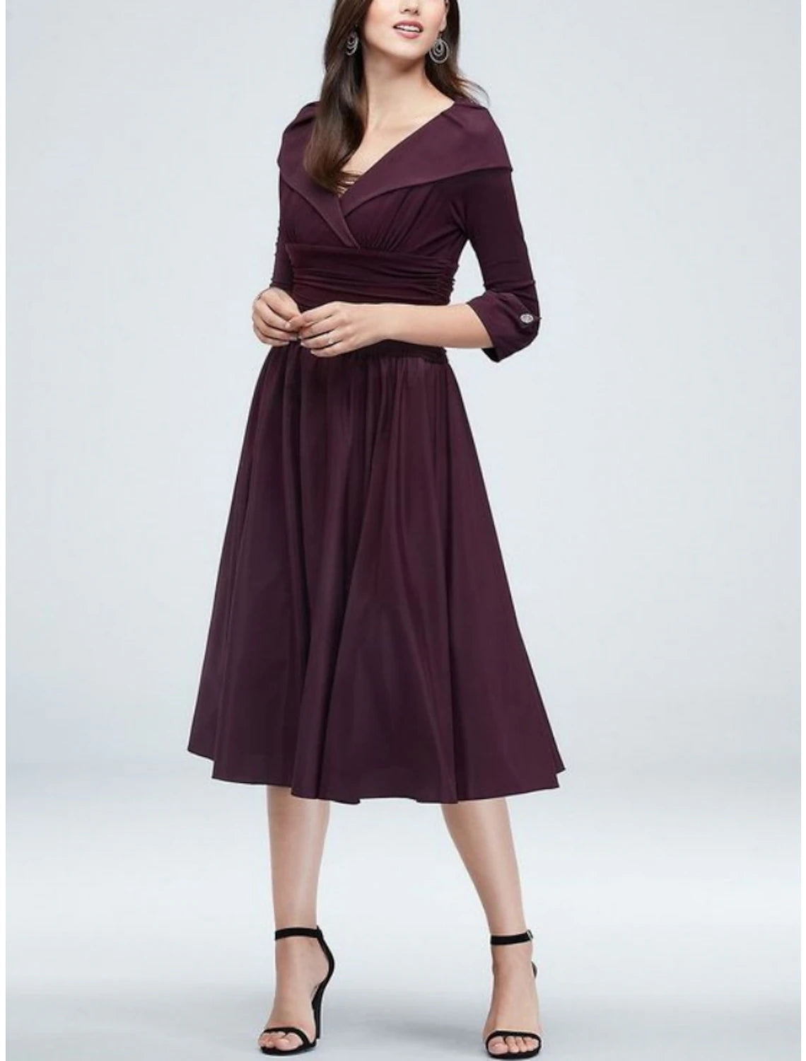 Women's Classic Attire A-Line Mother of the Bride Dress Wedding Guest Elegant Petite Shirt Collar Knee Length Satin 3/4 Length Sleeve with Ruching Solid Color