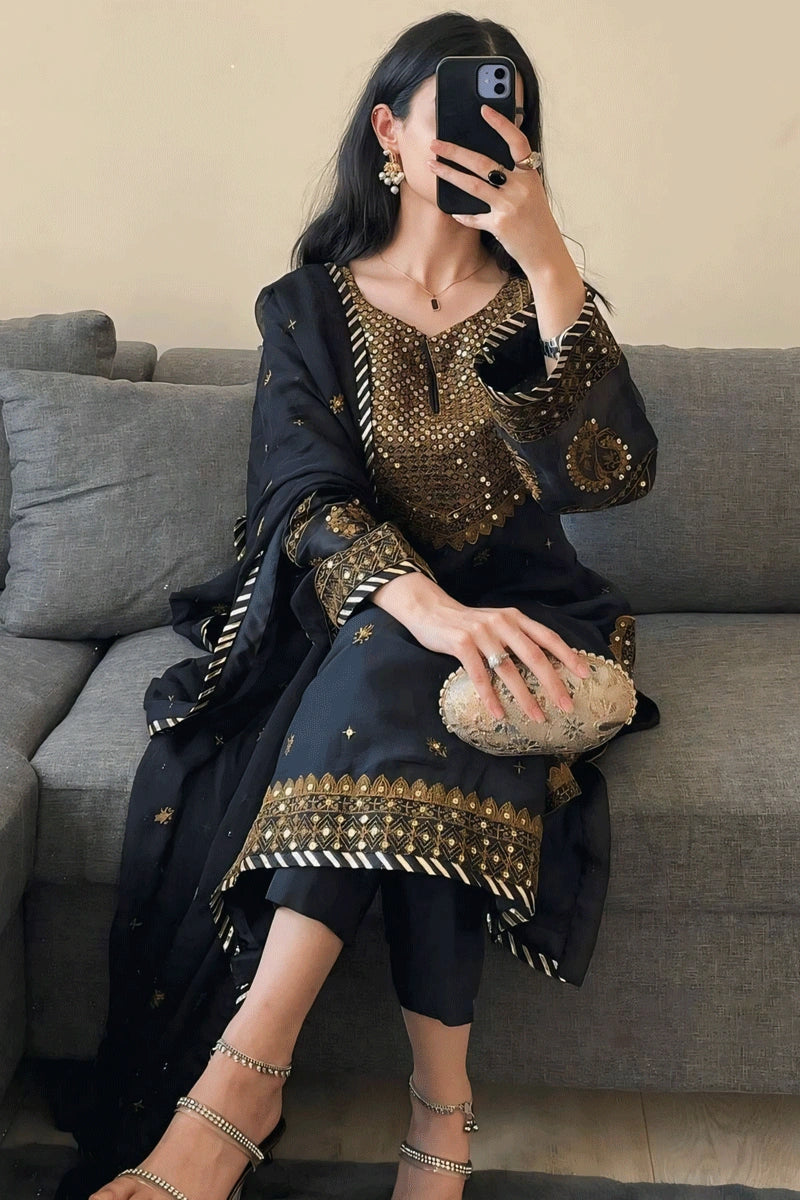 Affordable Women's Clothing Full Sleeve Black Dress For Wedding Sangeet