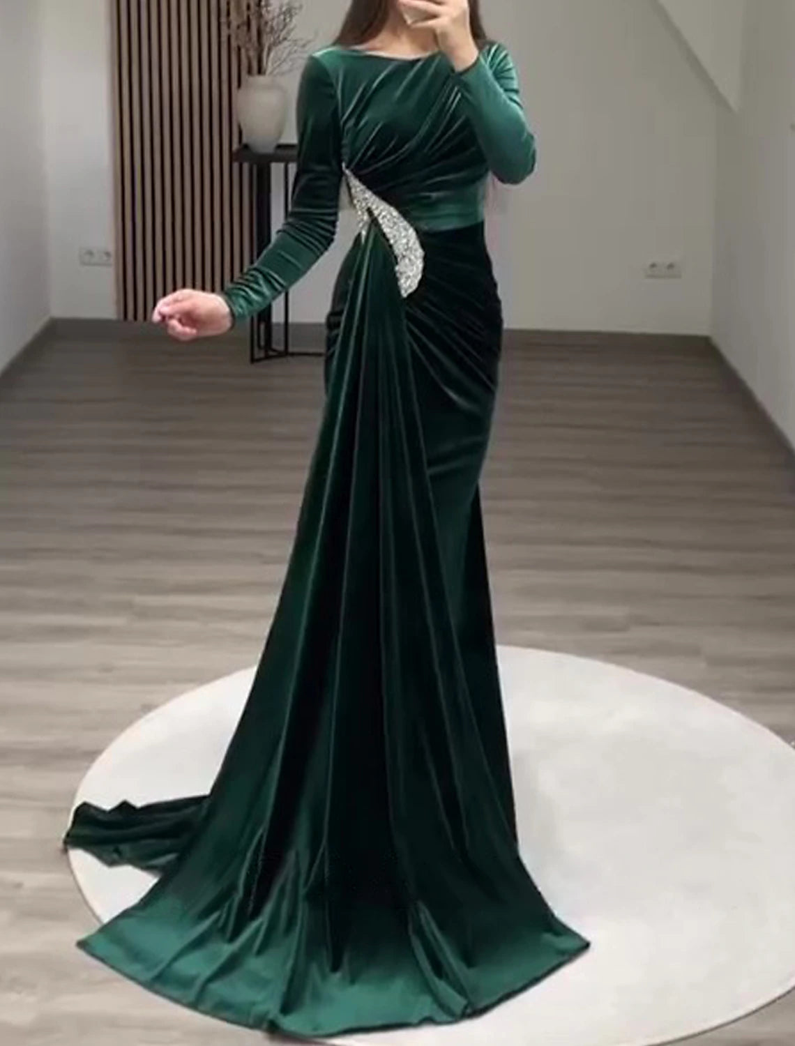 Women's Clothing Apparel Sets Sheath Evening Gown Vintage Black Dress Plus Size Formal Velvet Christmas Red Green Dress Floor Length Long Sleeve Off Shoulder Fall Wedding Reception with Rhinestone Slit