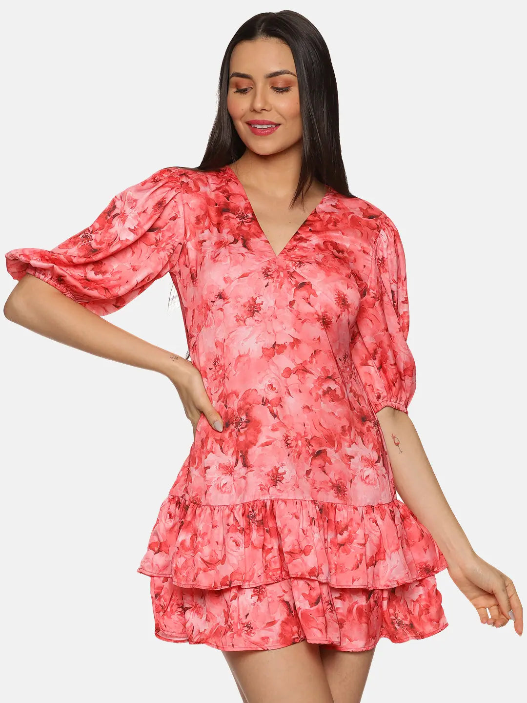 Women's Evening Wear Outfit Floral Coral Two Tiered Ruffle Mini Dress