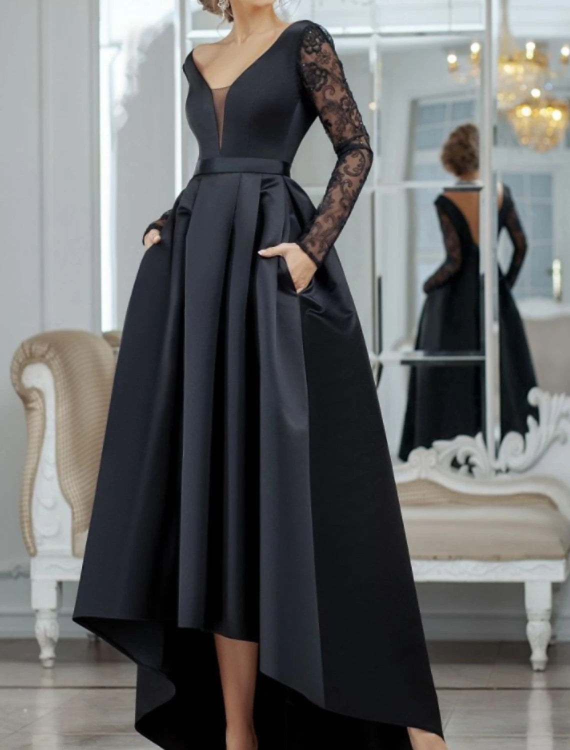 Women's Plus-Size Attire A-Line Evening Gown Black Dress Plus Size Vintage Halloween Wedding Guest Asymmetrical Long Sleeve V Neck Satin with Pleats Lace Insert