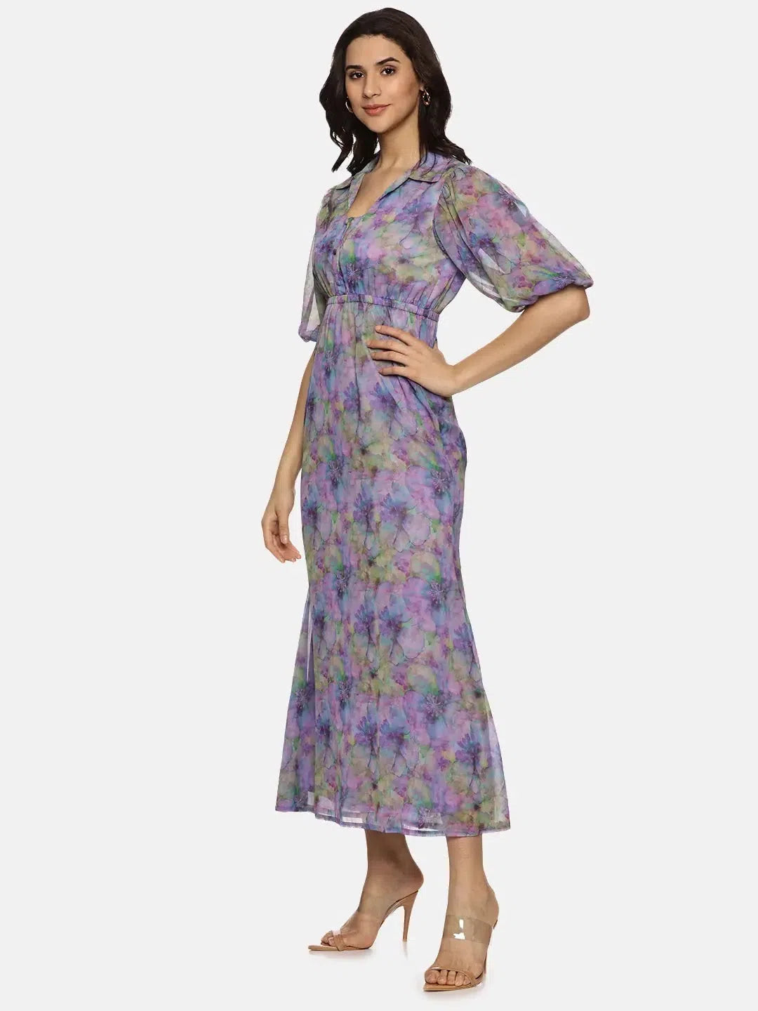 Women's Trendy Casual Outfit Floral Lavender Shirt Collared Maxi Dress-17346