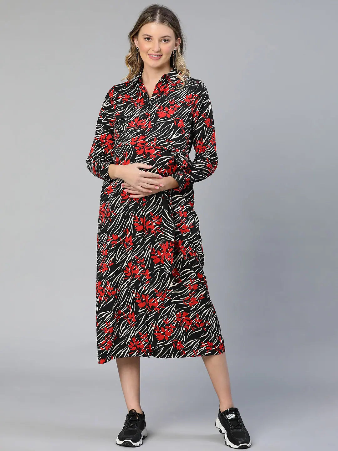 Modern Women's Clothes Crape Black Floral Print Collared Belted Women Maternity Dress