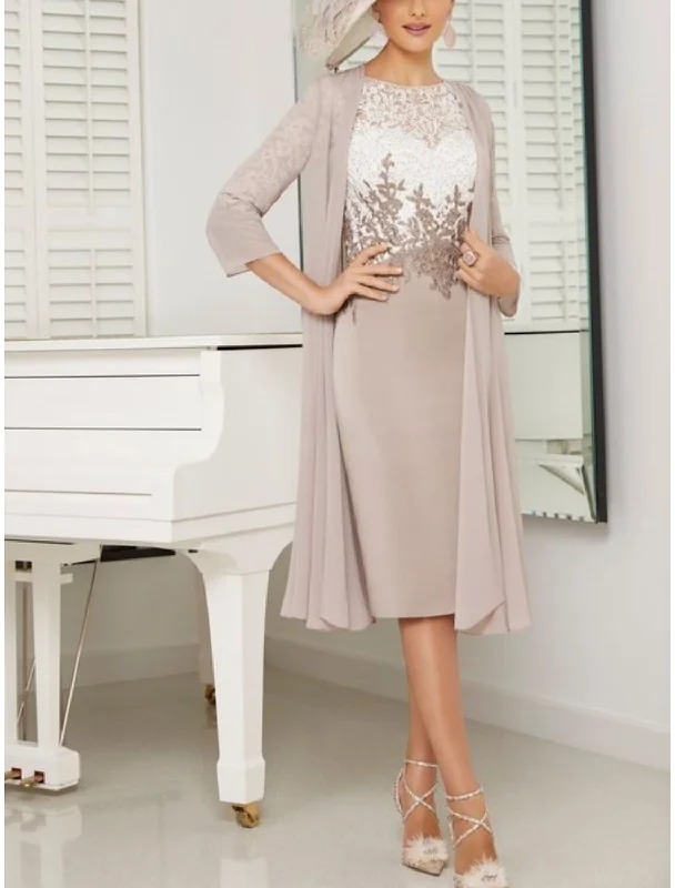 Women's Transitional Attire Two Piece Sheath / Column Mother of the Bride Dress Wedding Guest Elegant Petite Scoop Neck Knee Length Chiffon Lace 3/4 Length Sleeve with Ruching