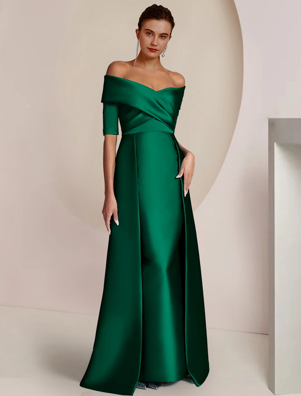 Women's Athletic Garments Sheath / Column Mother of the Bride Dress Formal Wedding Guest Party Elegant Formal Party Satin Half Sleeve Off Shoulder Floor Length with Overskirts Ruching