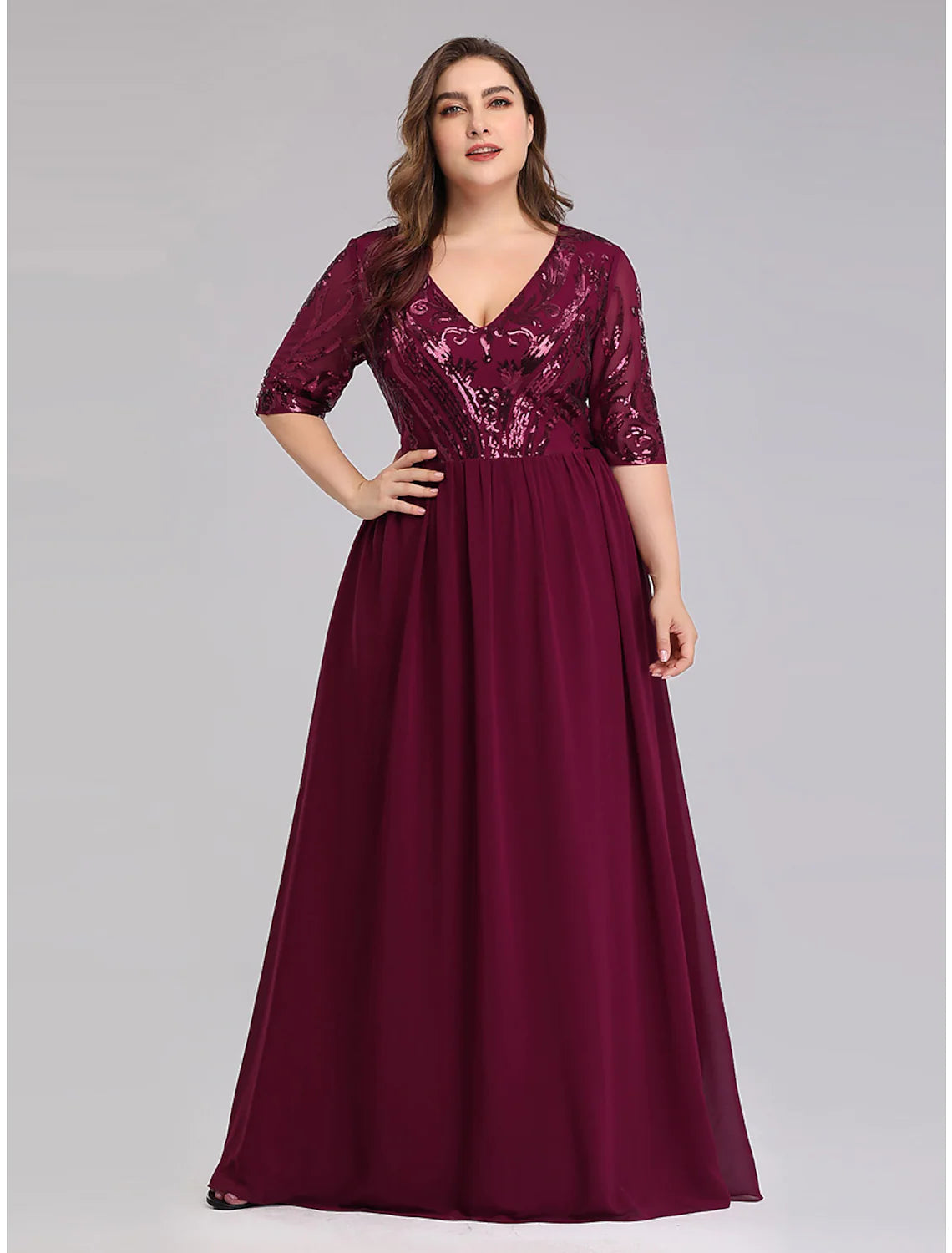 Fashionable Women's Outfit A-Line Prom Dresses Plus Size Dress Wedding Guest Floor Length Half Sleeve Plunging Neck Chiffon