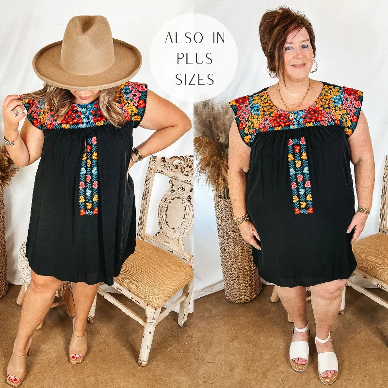 Women's Outfit Headed For Happy Floral Embroidered Cap Sleeve Dress in Black