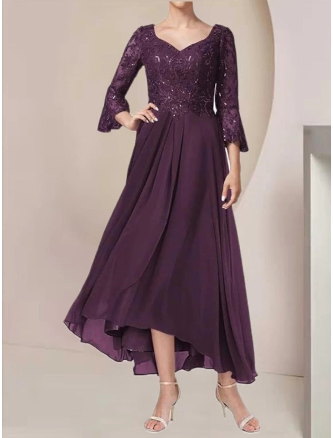 Women's Elegant Apparel A-Line Mother of the Bride Dress Wedding Guest Elegant V Neck Asymmetrical Ankle Length Chiffon Lace 3/4 Length Sleeve with Pleats Sequin Solid Color