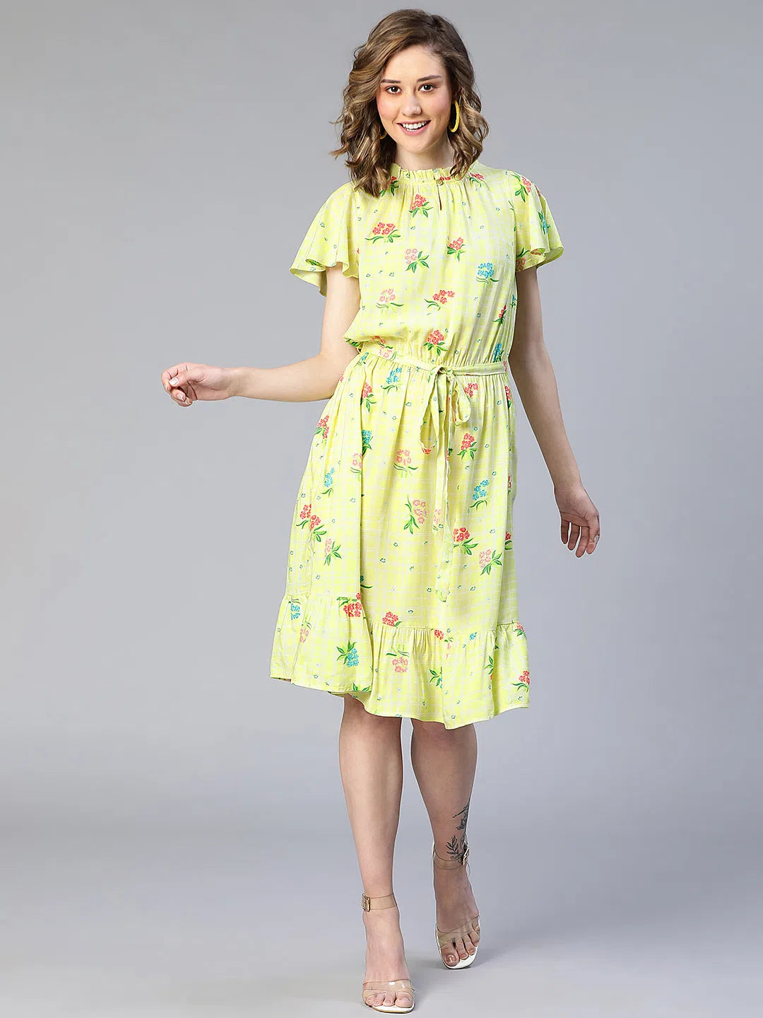 Chic Clothing For Women Modish Lime Floral Print Tie-Knot Belted Women Dress