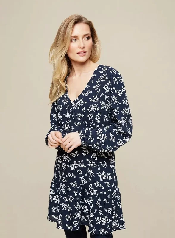 Fashionable Women's Clothing Navy Floral Print Tunic Dress