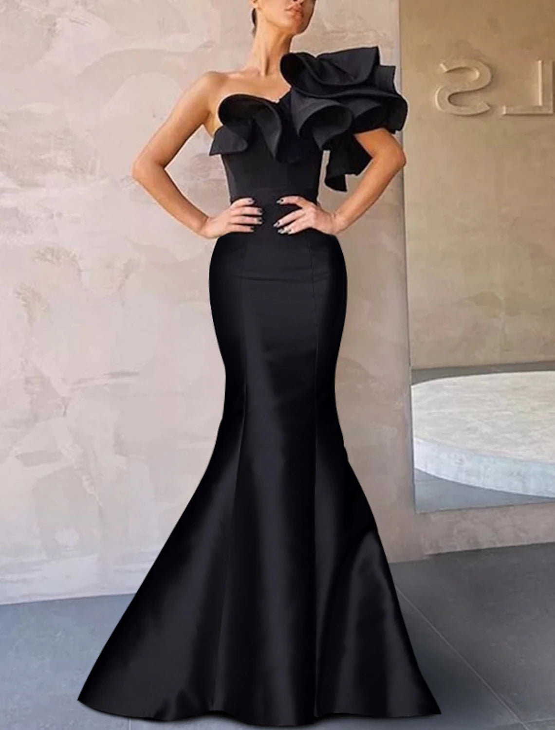 Women's Clothing For Everyday Wear Mermaid / Trumpet Evening Gown Corsets Dress Formal Wedding Guest Floor Length Sleeveless One Shoulder Taffeta with Ruffles Shouder Flower