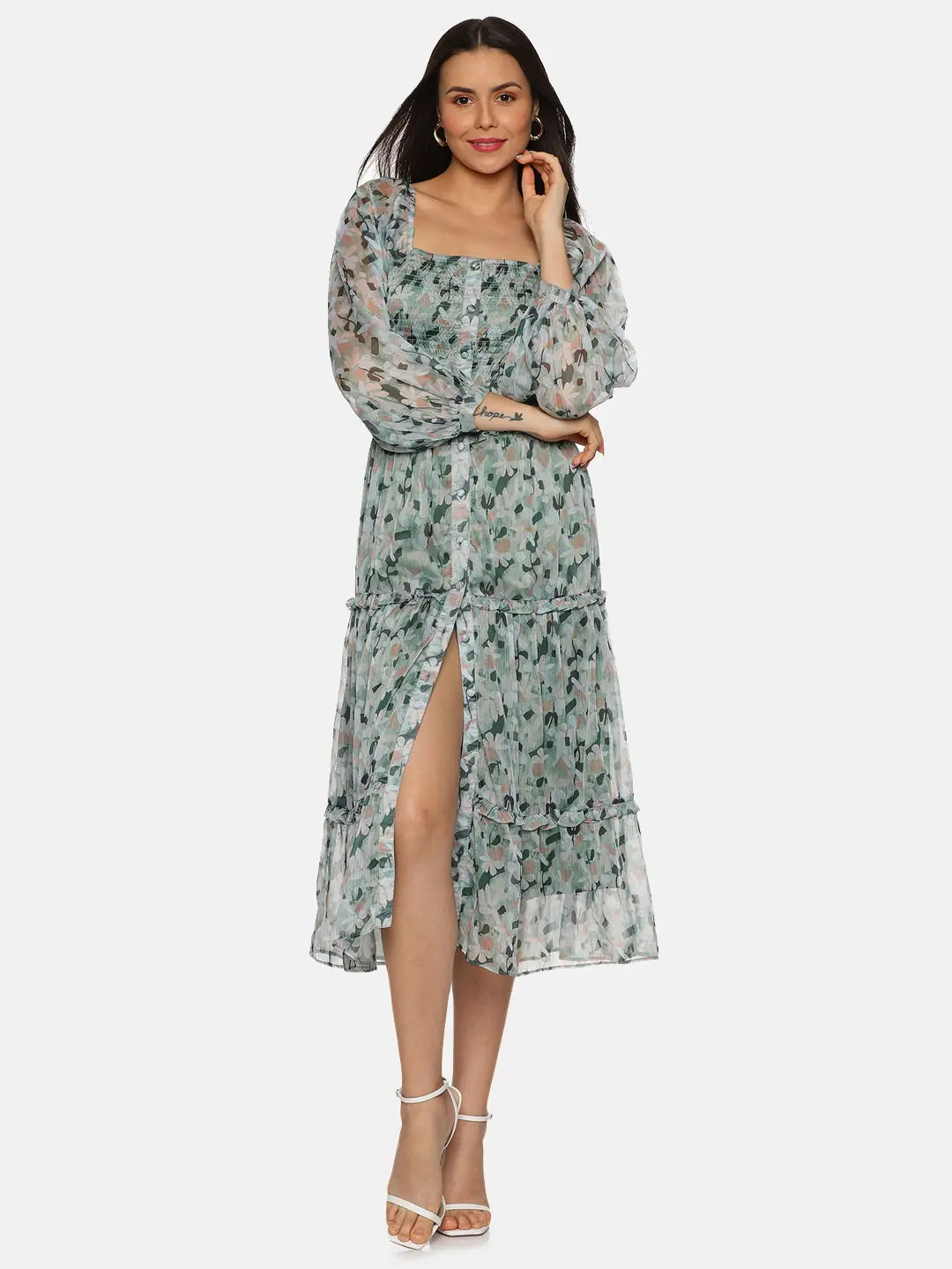 Women's Date Night Outfit Floral Green Button Down Midaxi Dress