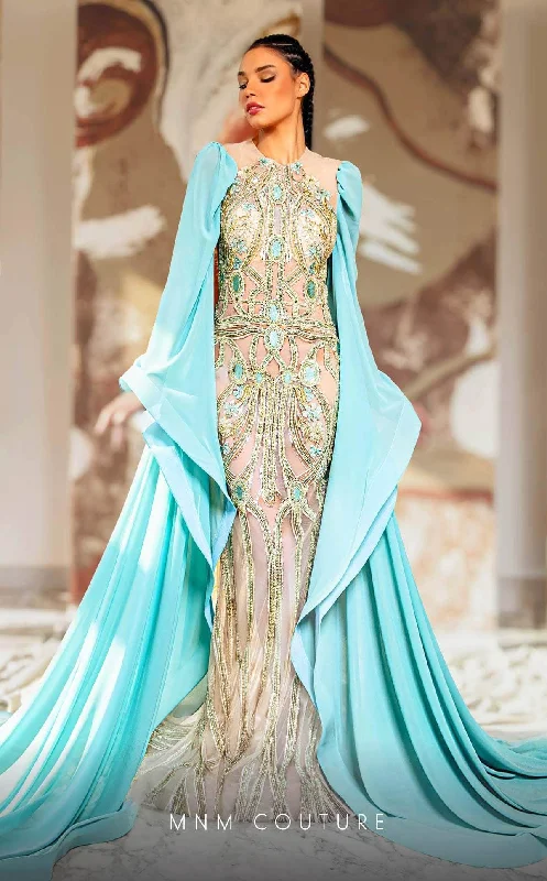 Women's Stylish Vacation Attire MNM Couture K4169 - Jewel Neck Long Cape Evening Gown