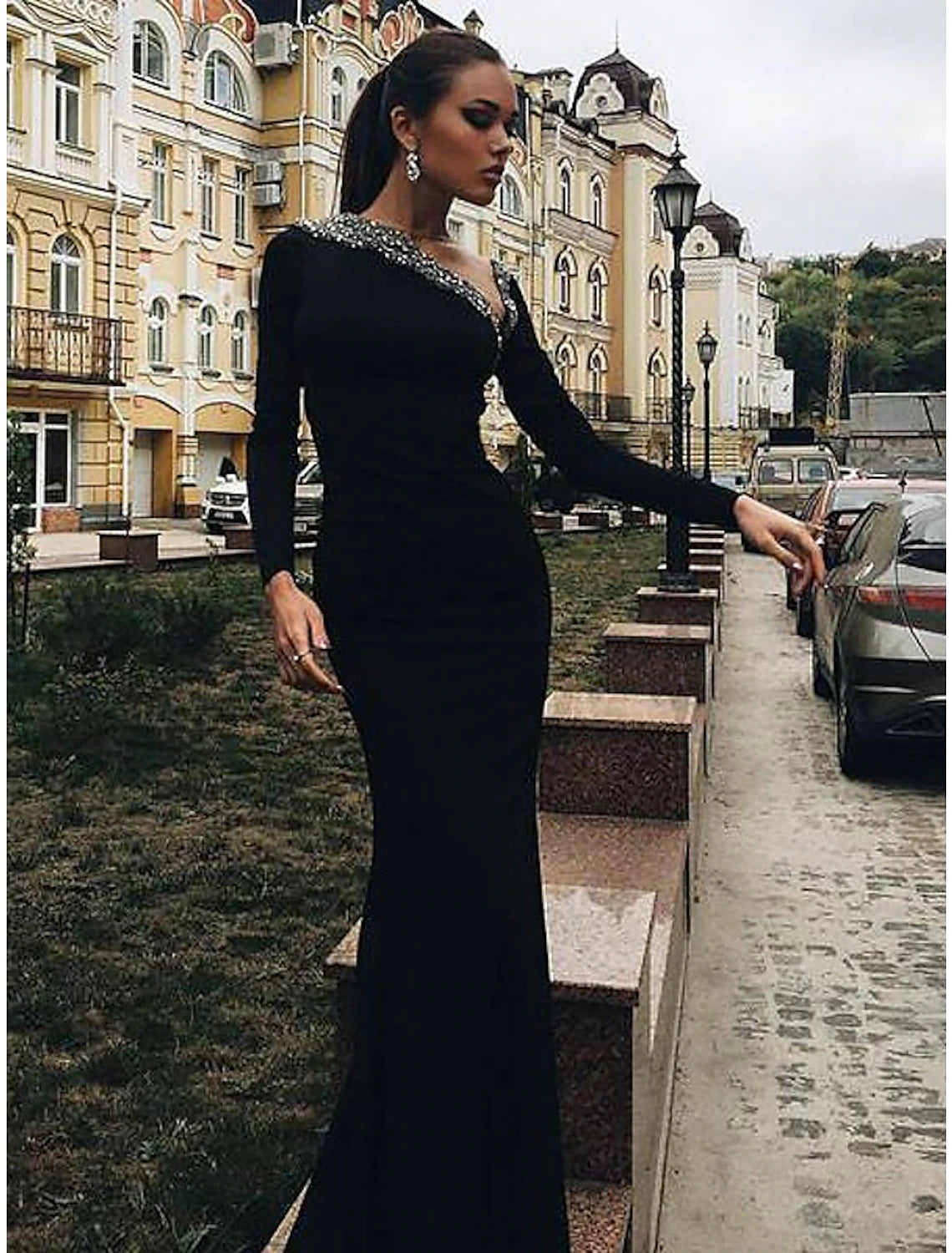 Women's Holiday Clothing Mermaid / Trumpet Evening Gown Open Back Dress Wedding Guest Engagement Floor Length Long Sleeve V Neck Stretch Fabric with Crystals Beading