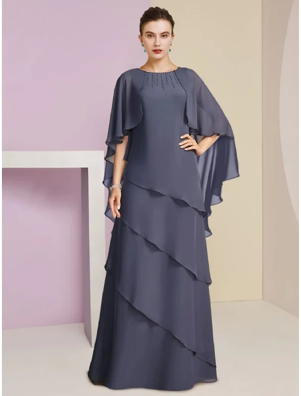 Elegant Clothing For Women Sheath / Column Mother of the Bride Dress Wedding Guest Elegant Jewel Neck Floor Length Chiffon Half Sleeve with Sequin Tier Solid Color