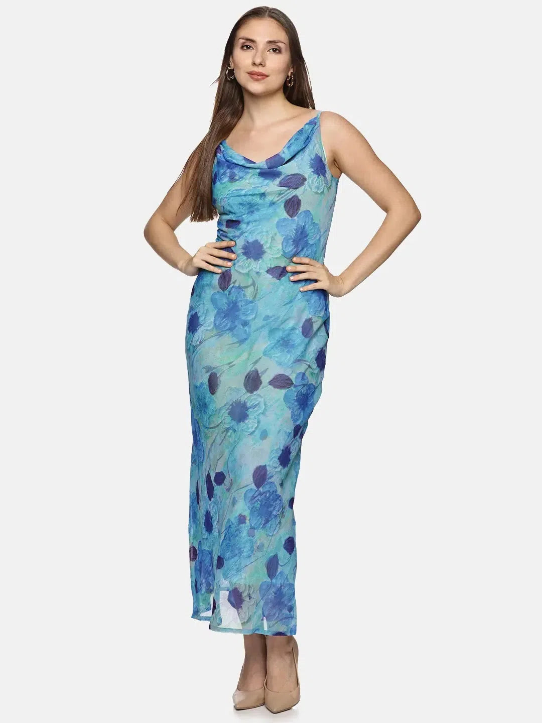 Women's Stylish Outdoor Outfit Floral Blue Cowl Neck Slip Dress-17365