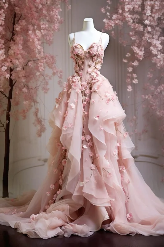 Stylish And Comfortable Clothing For Women Pink gorgeous exquisite floral spaghetti straps long elegant sweet tulle floor-length trailing ball gown evening gown wedding dress graduation ball gown Flower Fairy gh3272