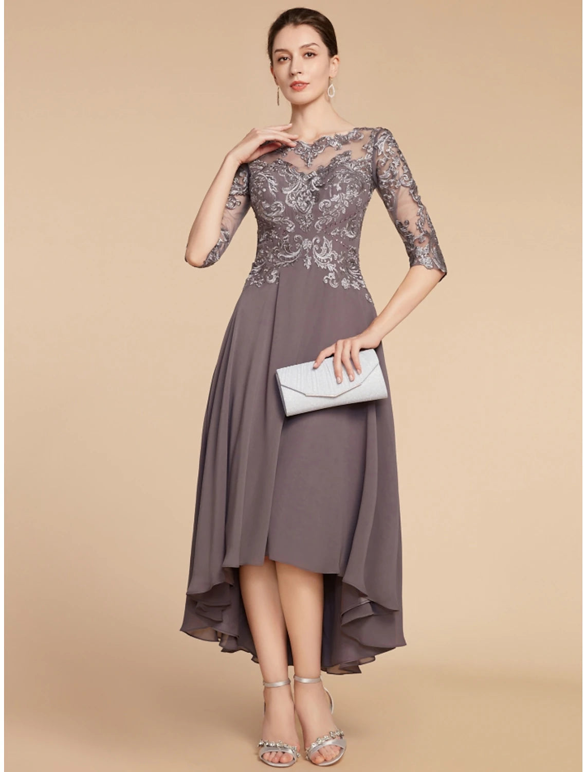 Women's Luxury Attire A-Line Mother of the Bride Dress Wedding Guest Elegant Vintage Scoop Neck Asymmetrical Chiffon Lace Half Sleeve with Ruching Solid Color