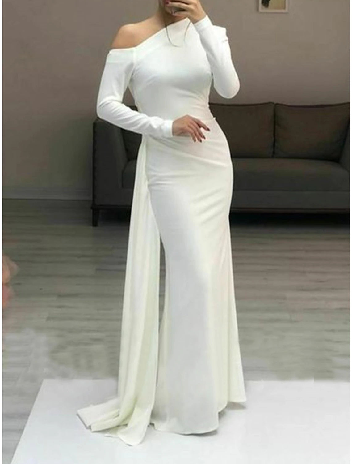 Women's Functional Apparel For Outdoor Activities Sheath / Column Minimalist Elegant Wedding Guest Formal Evening Dress One Shoulder Long Sleeve Floor Length Stretch Fabric with Sleek Ruched