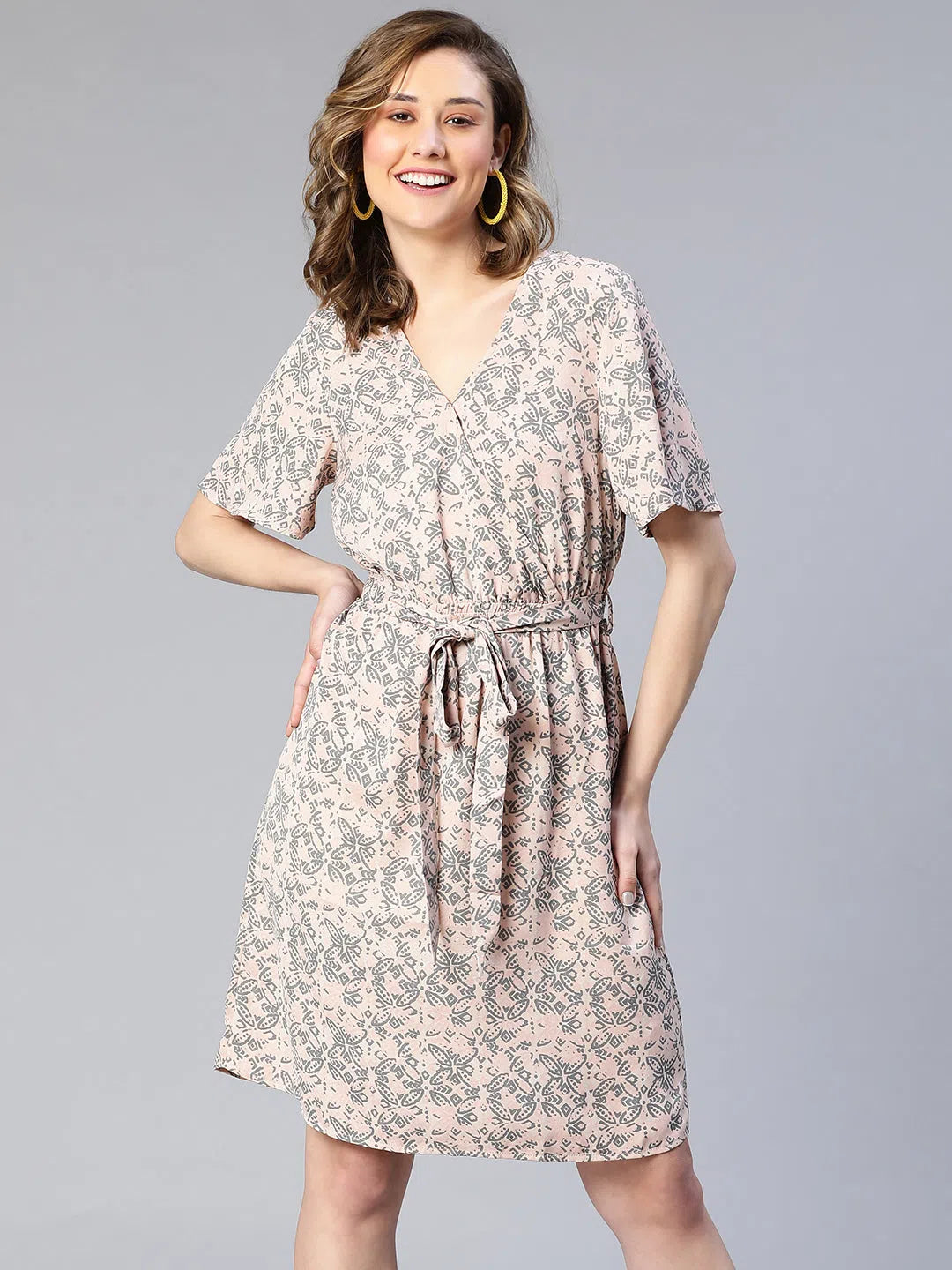 Comfortable Women's Clothing Dusty Pink Floral Print Tie-Knot Belted Women Dress