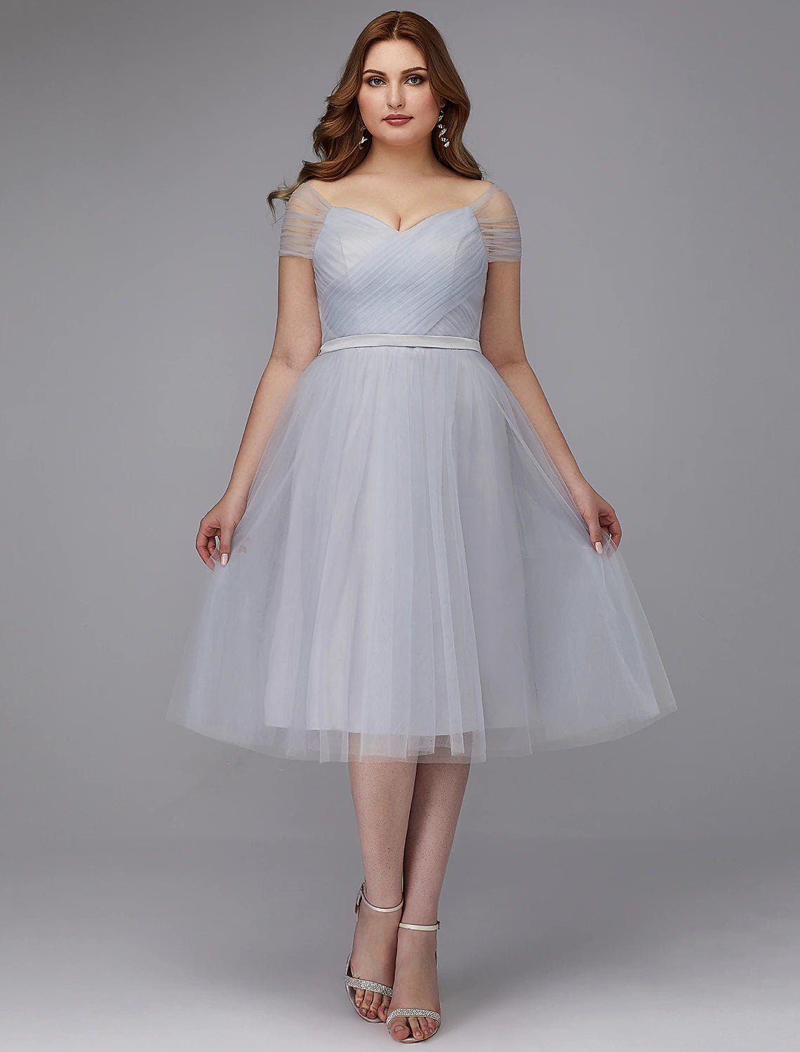 Women's Athletic Garments A-Line Elegant Dress Wedding Guest Cocktail Party Tea Length Short Sleeve Off Shoulder Tulle with Sash / Ribbon Cross Evening Dresses