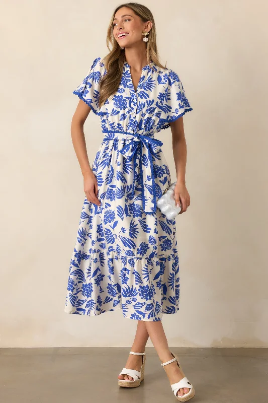 Casual Outfit For Women Cruising By Blue Floral Short Sleeve Midi Dress