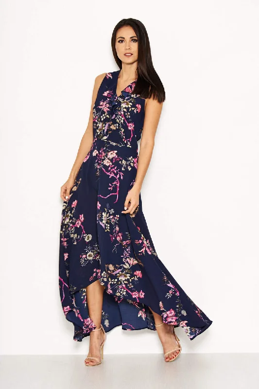 Trendy Athleisure Clothing For Women Navy Floral Dip Hem Dress