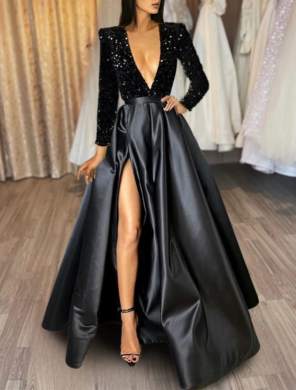 Women's Chic Outerwear Attire A-Line Evening Gown Christmas Red Green Dress Formal Black Dress Plus Size Wedding Court Train Half Sleeve V Neck Satin with Sequin Slit