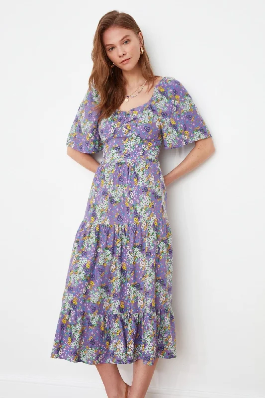 Women's Professional Clothes Purple Floral Woven Midi Dress